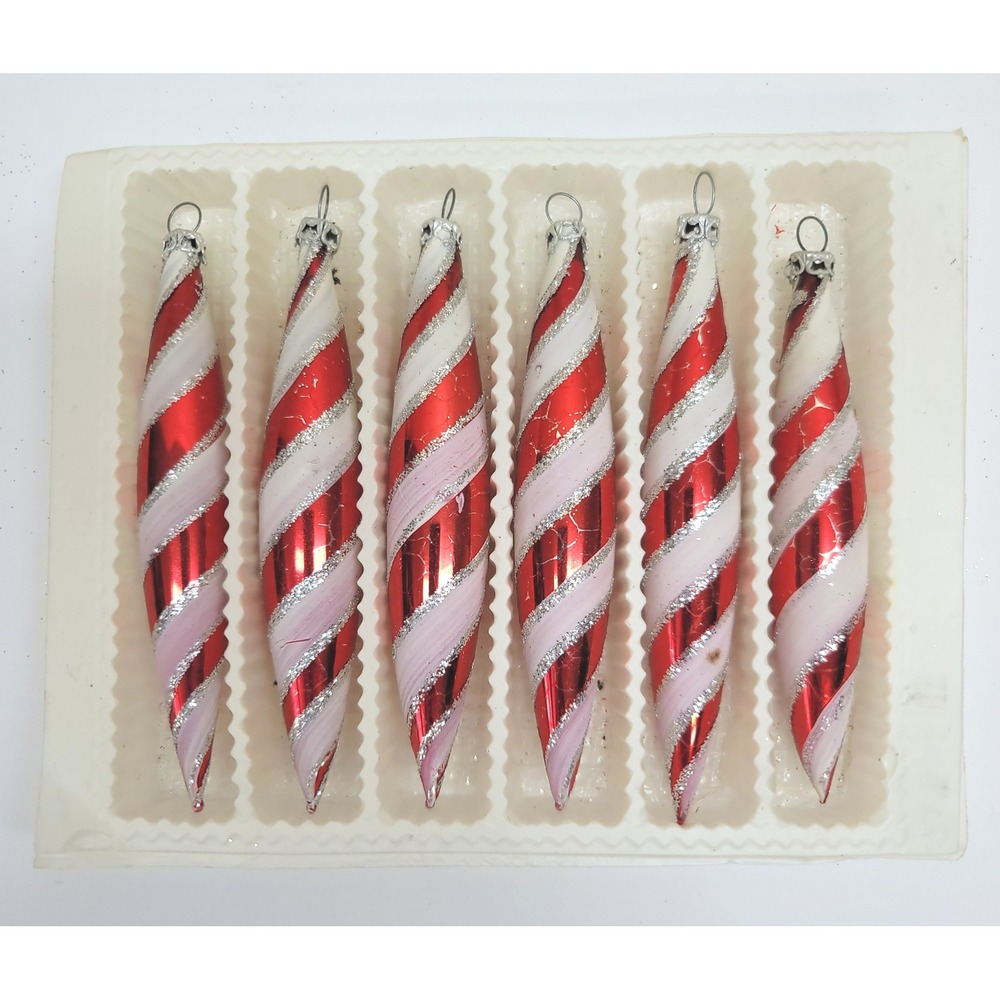 Columbia Red White Candy Cane Striped Glass Icicle Christmas Ornaments Set of 6